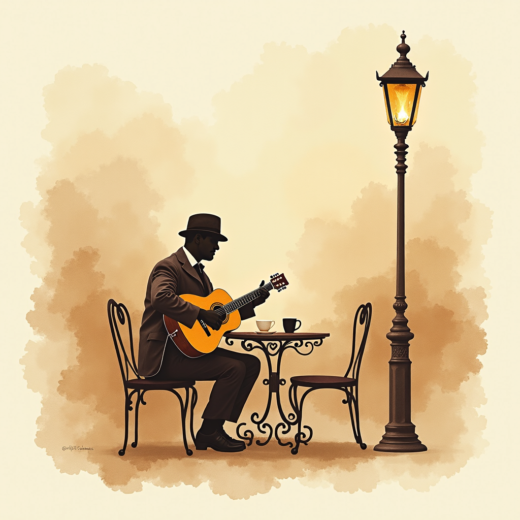 Lámina del estilo musical Gypsy Jazz, familia Humo y medianoche
