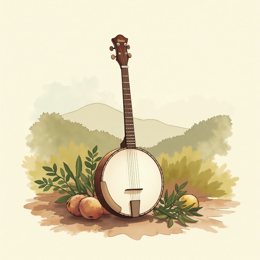 Lámina del estilo musical Bluegrass, familia Polvo y carretera