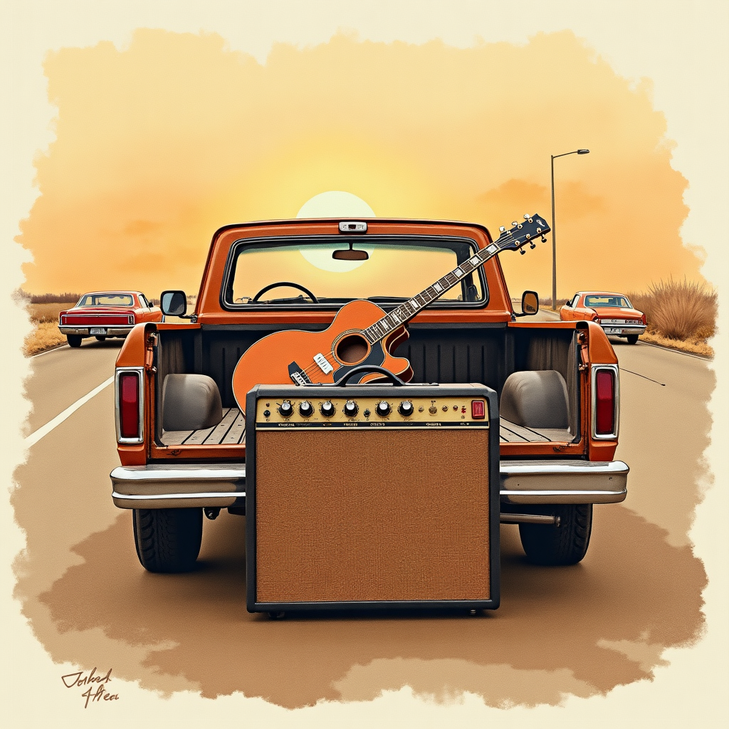 Lámina del estilo musical Country Rock, familia Polvo y carretera