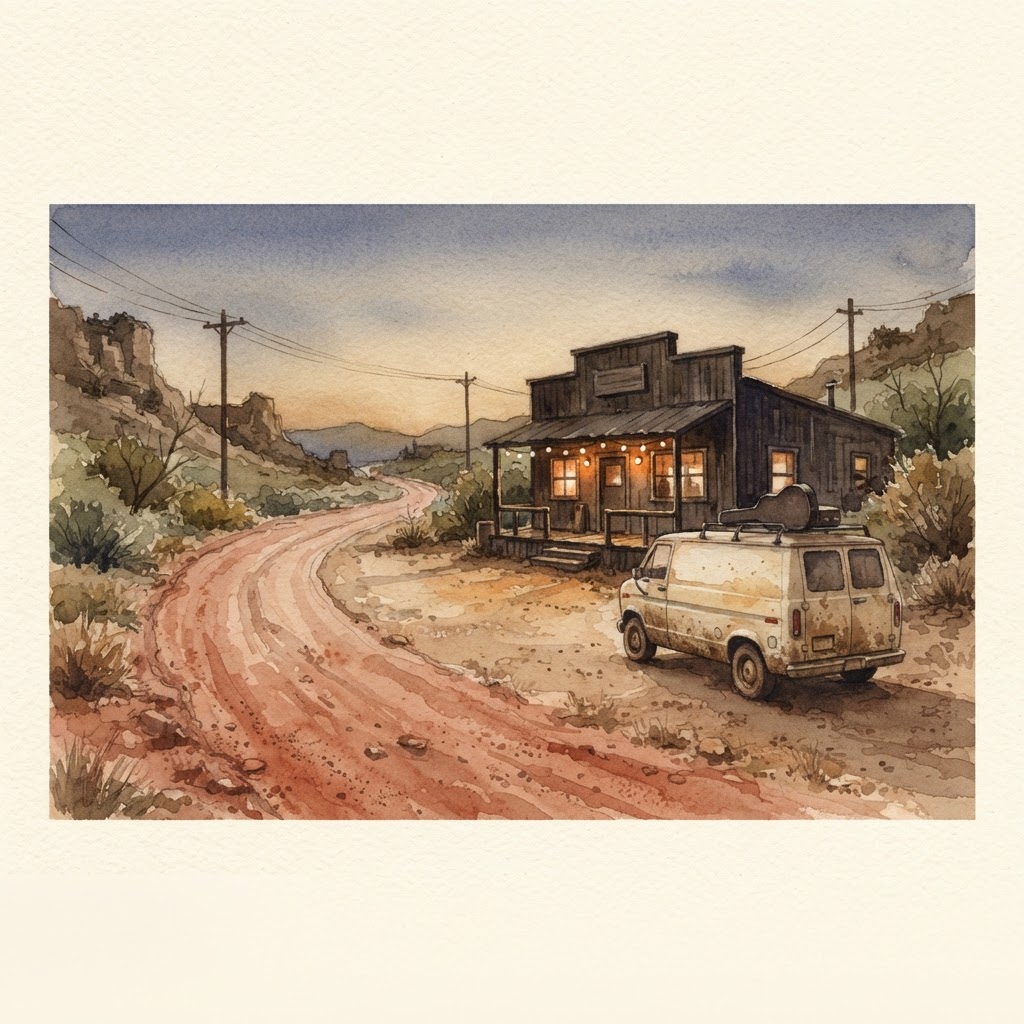 Lámina del estilo musical Red Dirt, familia Polvo y carretera