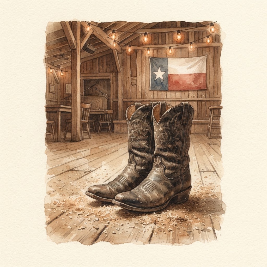Lámina del estilo musical Texas Country, familia Polvo y carretera