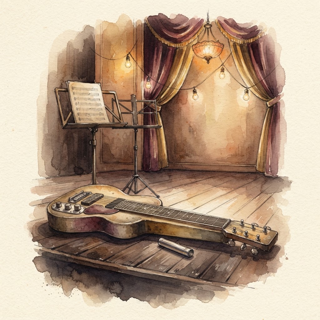 Lámina del estilo musical Western Swing, familia Polvo y carretera