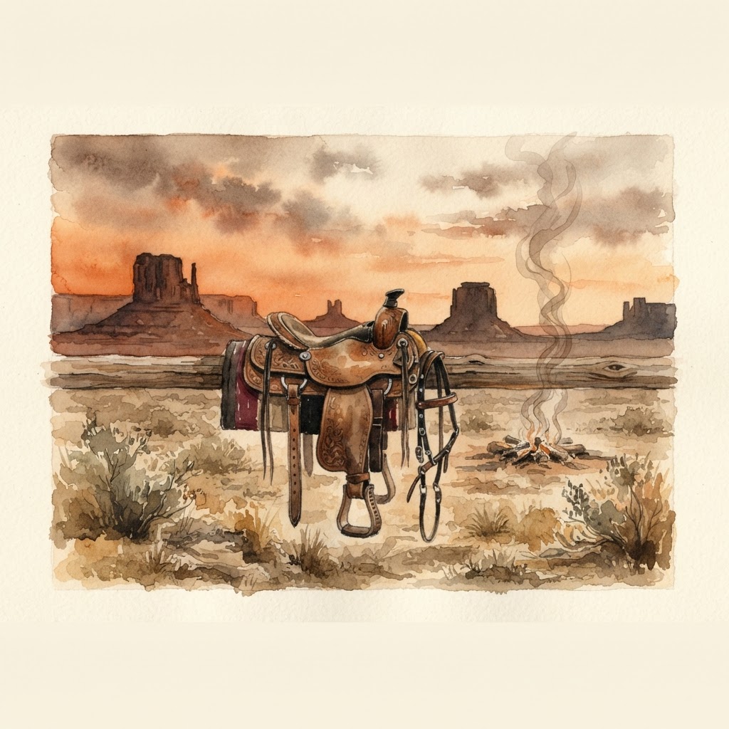 Lámina del estilo musical Cowboy Western, familia Polvo y carretera