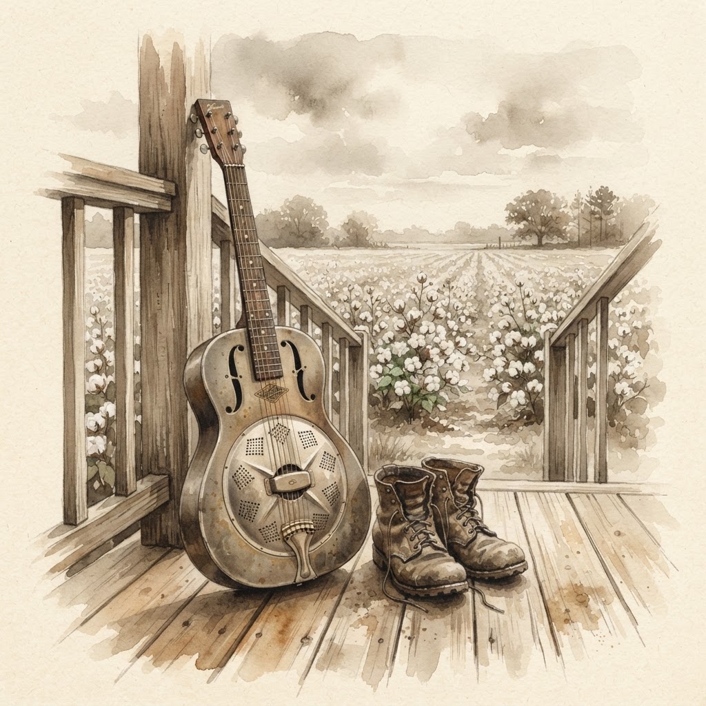 Lámina del estilo musical Country Blues, familia Polvo y carretera